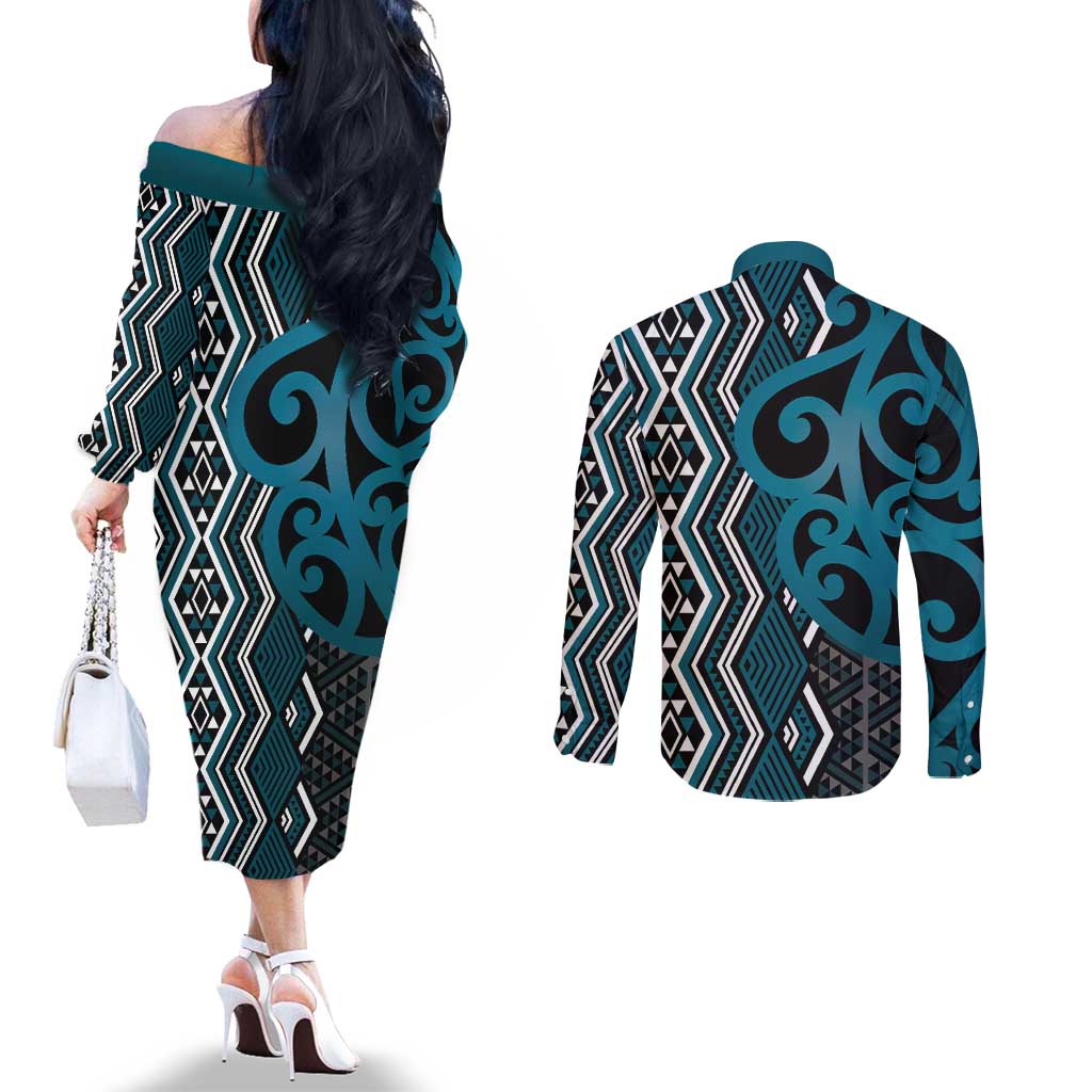 Maori Taniko Patterns Couples Matching Off The Shoulder Long Sleeve Dress and Long Sleeve Button Shirt Azure Patiki Motifs Mix Whakairo Ngaru LT7 - Polynesian Pride
