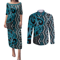 Maori Taniko Patterns Couples Matching Puletasi and Long Sleeve Button Shirt Azure Patiki Motifs Mix Whakairo Ngaru LT7 Azure - Polynesian Pride