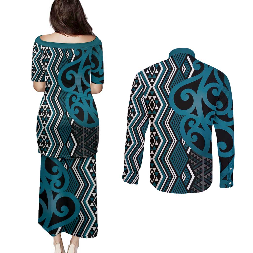 Maori Taniko Patterns Couples Matching Puletasi and Long Sleeve Button Shirt Azure Patiki Motifs Mix Whakairo Ngaru LT7 - Polynesian Pride
