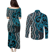 Maori Taniko Patterns Couples Matching Puletasi and Long Sleeve Button Shirt Azure Patiki Motifs Mix Whakairo Ngaru LT7 - Polynesian Pride