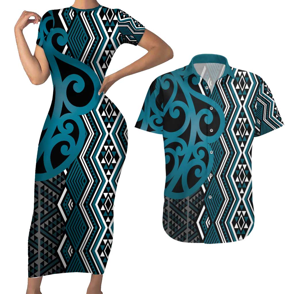Maori Taniko Patterns Couples Matching Short Sleeve Bodycon Dress and Hawaiian Shirt Azure Patiki Motifs Mix Whakairo Ngaru LT7 Azure - Polynesian Pride