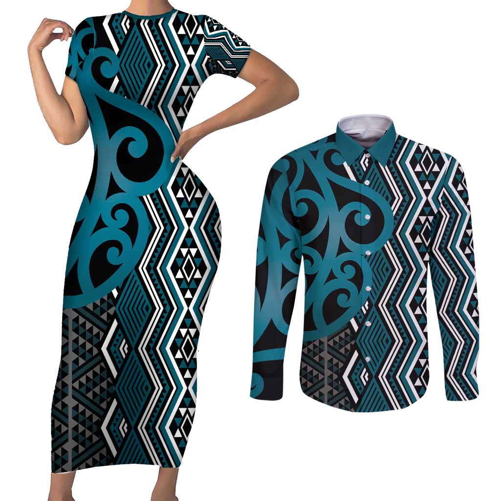 Maori Taniko Patterns Couples Matching Short Sleeve Bodycon Dress and Long Sleeve Button Shirt Azure Patiki Motifs Mix Whakairo Ngaru LT7 Azure - Polynesian Pride