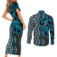 Maori Taniko Patterns Couples Matching Short Sleeve Bodycon Dress and Long Sleeve Button Shirt Azure Patiki Motifs Mix Whakairo Ngaru LT7 - Polynesian Pride