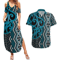 Maori Taniko Patterns Couples Matching Summer Maxi Dress and Hawaiian Shirt Azure Patiki Motifs Mix Whakairo Ngaru LT7 Azure - Polynesian Pride