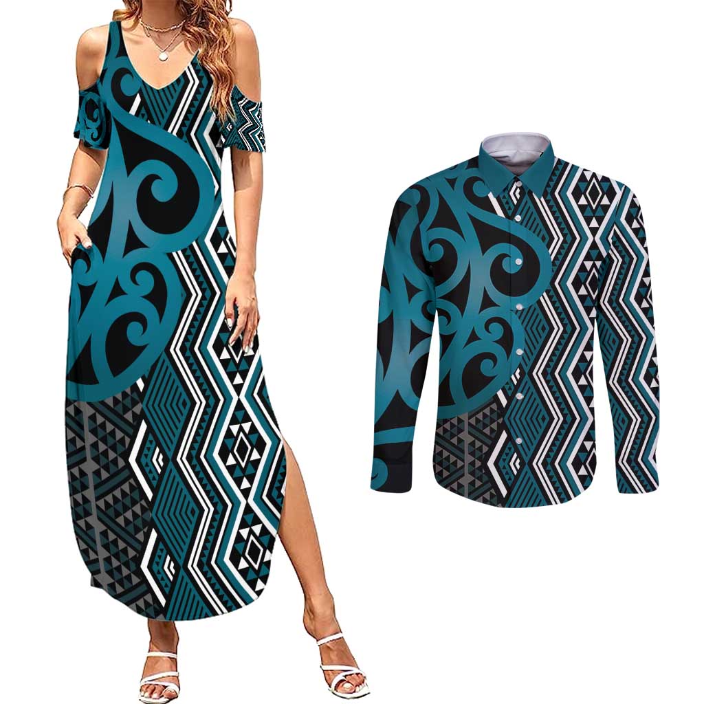Maori Taniko Patterns Couples Matching Summer Maxi Dress and Long Sleeve Button Shirt Azure Patiki Motifs Mix Whakairo Ngaru