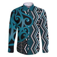 Maori Taniko Patterns Family Matching Long Sleeve Bodycon Dress and Hawaiian Shirt Azure Patiki Motifs Mix Whakairo Ngaru LT7 Dad's Shirt - Long Sleeve Azure - Polynesian Pride