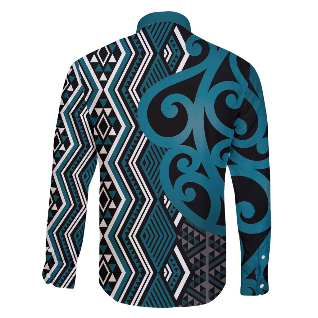 Maori Taniko Patterns Family Matching Long Sleeve Bodycon Dress and Hawaiian Shirt Azure Patiki Motifs Mix Whakairo Ngaru LT7 - Polynesian Pride