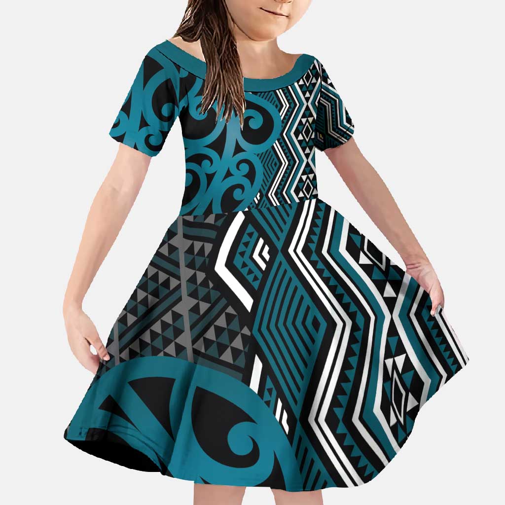 Maori Taniko Patterns Family Matching Mermaid Dress and Hawaiian Shirt Azure Patiki Motifs Mix Whakairo Ngaru LT7 Daughter's Dress Azure - Polynesian Pride