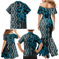 Maori Taniko Patterns Family Matching Mermaid Dress and Hawaiian Shirt Azure Patiki Motifs Mix Whakairo Ngaru LT7 - Polynesian Pride