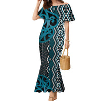 Maori Taniko Patterns Family Matching Mermaid Dress and Hawaiian Shirt Azure Patiki Motifs Mix Whakairo Ngaru LT7 Mom's Dress Azure - Polynesian Pride