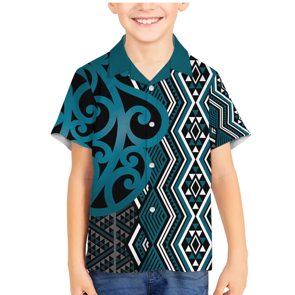 Maori Taniko Patterns Family Matching Mermaid Dress and Hawaiian Shirt Azure Patiki Motifs Mix Whakairo Ngaru LT7 Son's Shirt Azure - Polynesian Pride