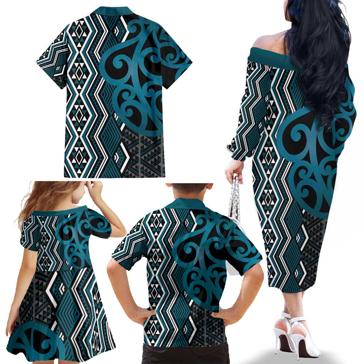 Maori Taniko Patterns Family Matching Off The Shoulder Long Sleeve Dress and Hawaiian Shirt Azure Patiki Motifs Mix Whakairo Ngaru LT7 - Polynesian Pride