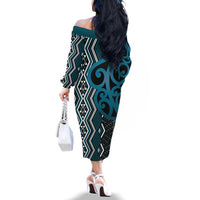 Maori Taniko Patterns Family Matching Off The Shoulder Long Sleeve Dress and Hawaiian Shirt Azure Patiki Motifs Mix Whakairo Ngaru LT7 - Polynesian Pride