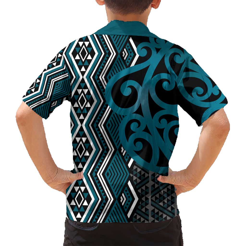 Maori Taniko Patterns Family Matching Puletasi and Hawaiian Shirt Azure Patiki Motifs Mix Whakairo Ngaru LT7 - Polynesian Pride