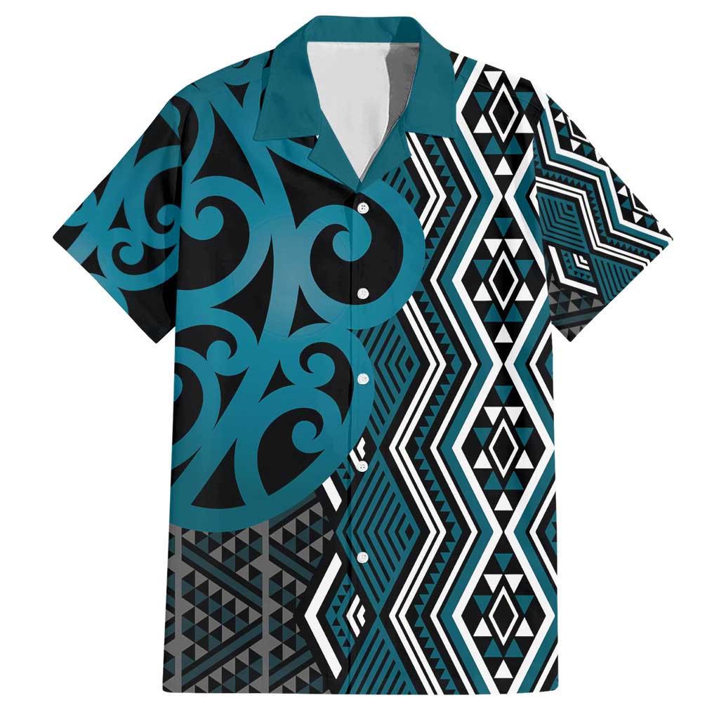 Maori Taniko Patterns Family Matching Short Sleeve Bodycon Dress and Hawaiian Shirt Azure Patiki Motifs Mix Whakairo Ngaru LT7 Dad's Shirt - Short Sleeve Azure - Polynesian Pride