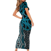 Maori Taniko Patterns Family Matching Short Sleeve Bodycon Dress and Hawaiian Shirt Azure Patiki Motifs Mix Whakairo Ngaru LT7 - Polynesian Pride