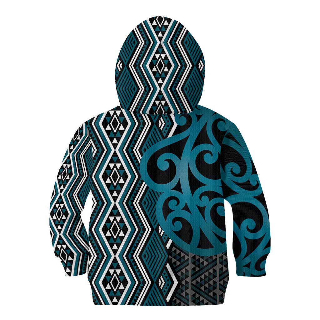 Maori Taniko Patterns Kid Hoodie Azure Patiki Motifs Mix Whakairo Ngaru