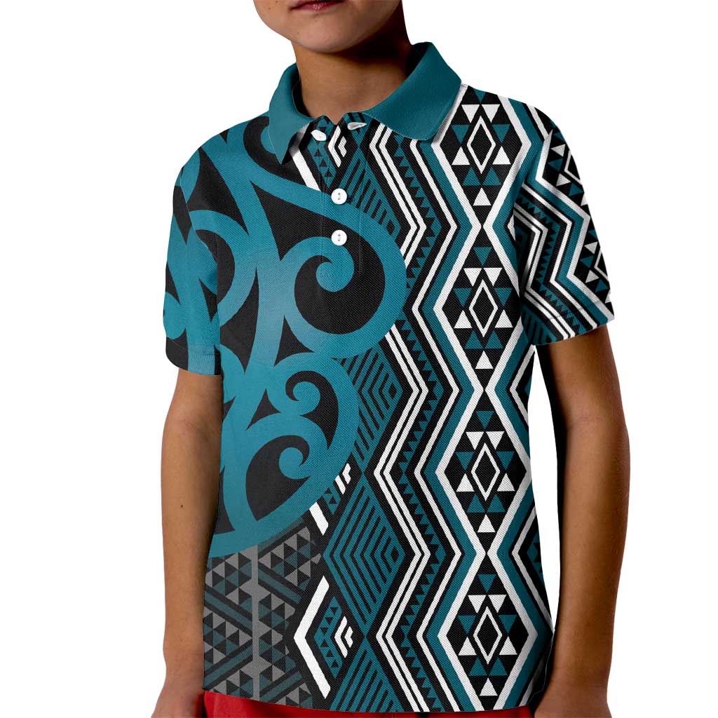 Maori Taniko Patterns Kid Polo Shirt Azure Patiki Motifs Mix Whakairo Ngaru