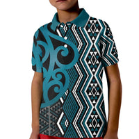 Maori Taniko Patterns Kid Polo Shirt Azure Patiki Motifs Mix Whakairo Ngaru