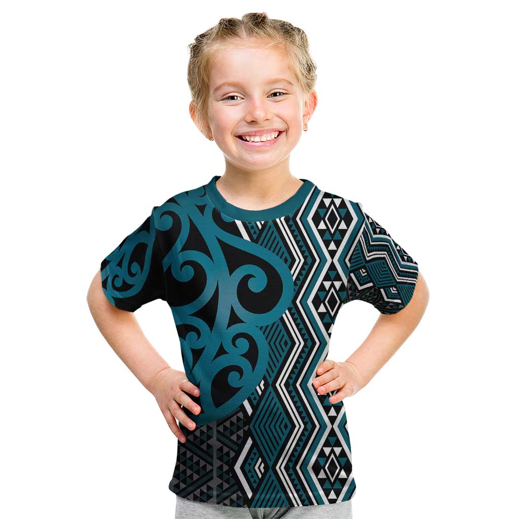 Maori Taniko Patterns Kid T Shirt Azure Patiki Motifs Mix Whakairo Ngaru