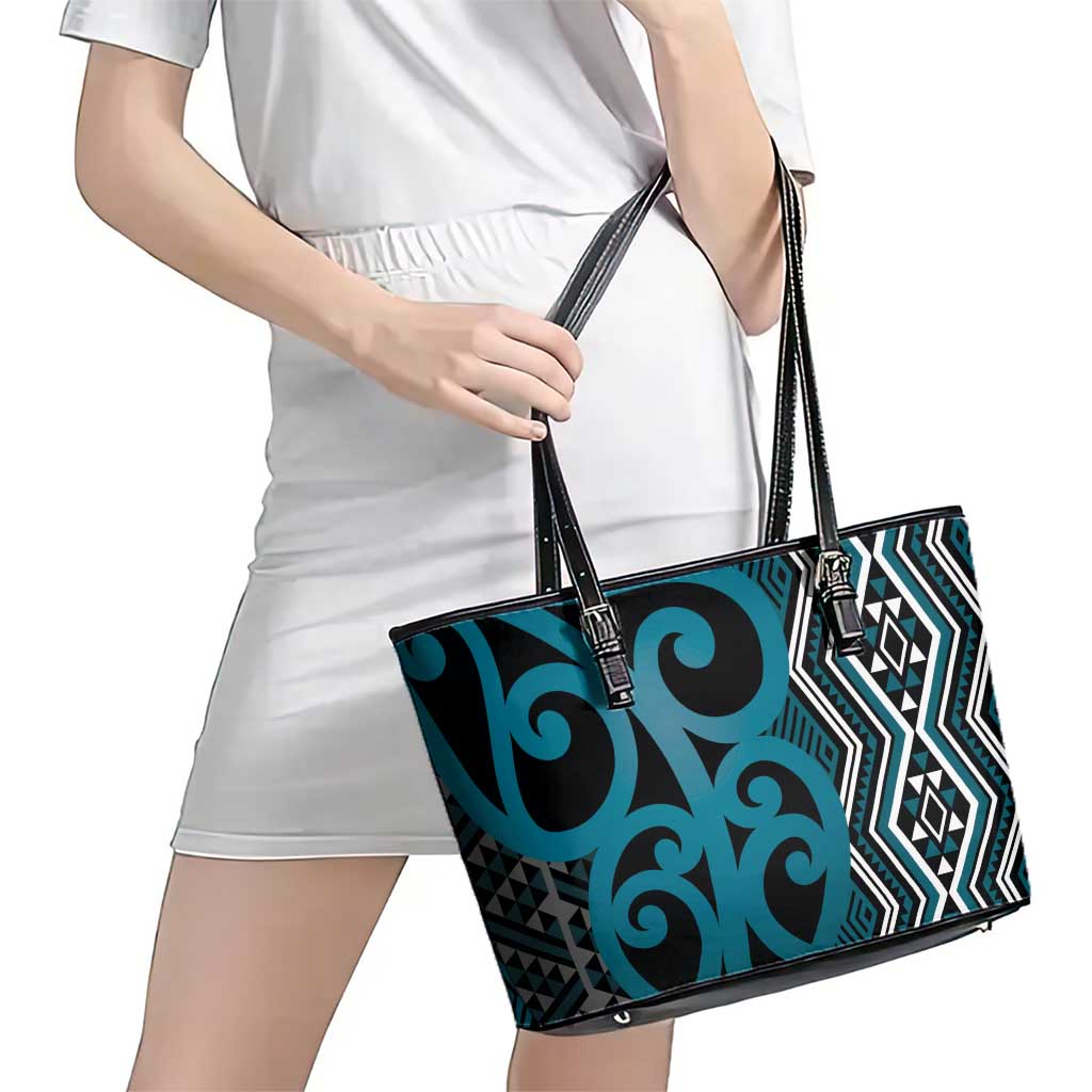 Maori Taniko Patterns Leather Tote Bag Azure Patiki Motifs Mix Whakairo Ngaru