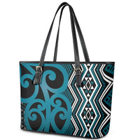 Maori Taniko Patterns Leather Tote Bag Azure Patiki Motifs Mix Whakairo Ngaru