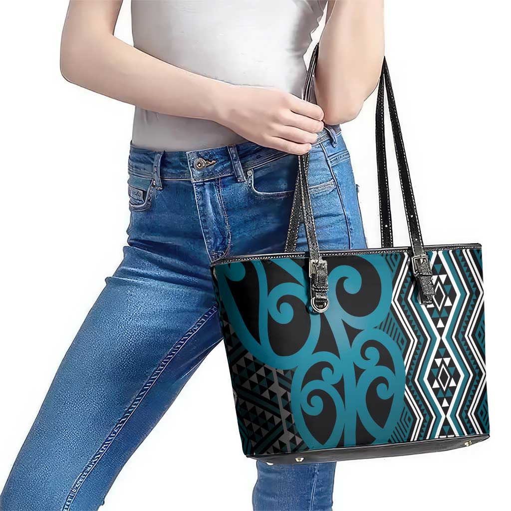 Maori Taniko Patterns Leather Tote Bag Azure Patiki Motifs Mix Whakairo Ngaru