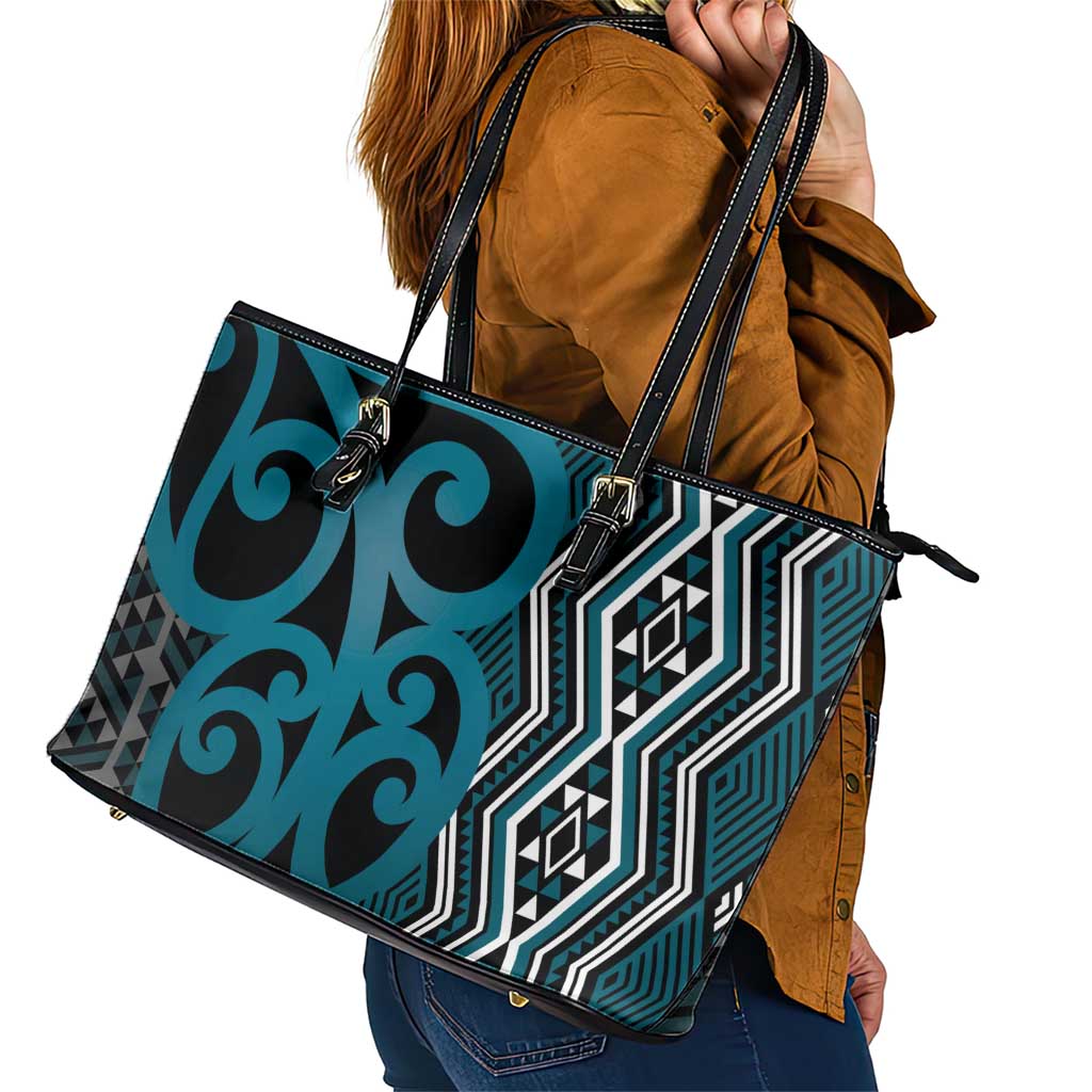 Maori Taniko Patterns Leather Tote Bag Azure Patiki Motifs Mix Whakairo Ngaru
