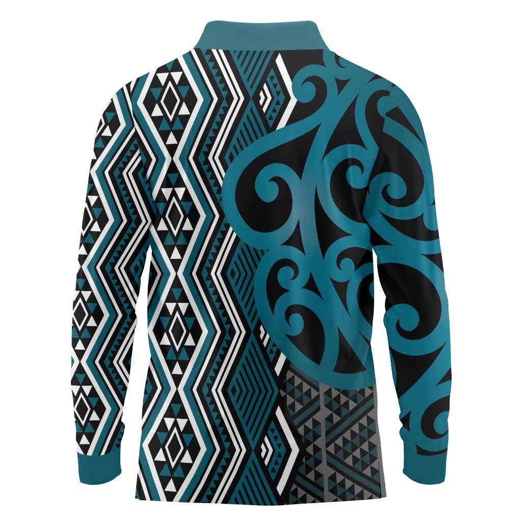 Maori Taniko Patterns Long Sleeve Polo Shirt Azure Patiki Motifs Mix Whakairo Ngaru