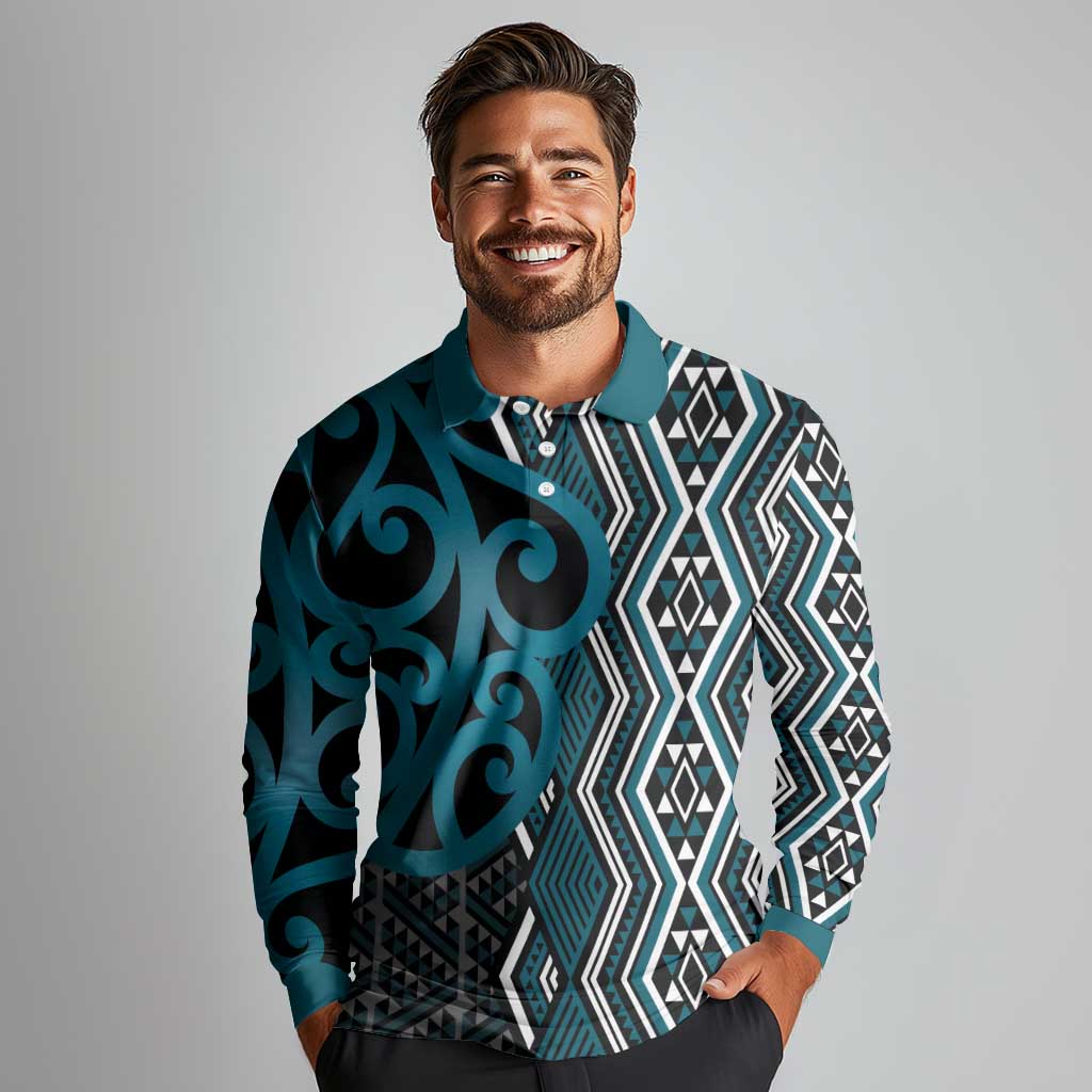 Maori Taniko Patterns Long Sleeve Polo Shirt Azure Patiki Motifs Mix Whakairo Ngaru