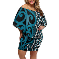 Maori Taniko Patterns Off Shoulder Short Dress Azure Patiki Motifs Mix Whakairo Ngaru