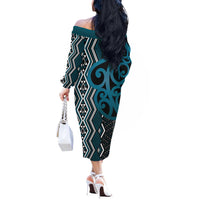Maori Taniko Patterns Off The Shoulder Long Sleeve Dress Azure Patiki Motifs Mix Whakairo Ngaru
