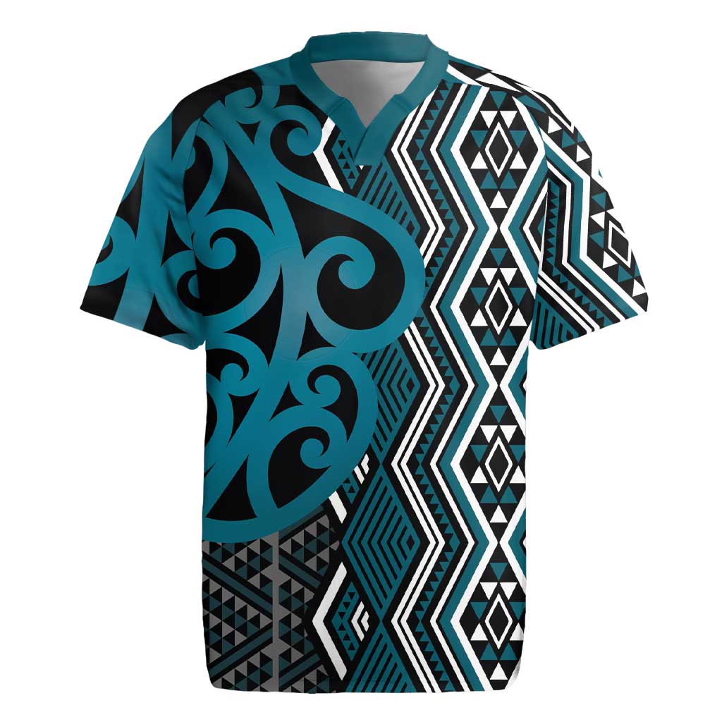 Maori Taniko Patterns Rugby Jersey Azure Patiki Motifs Mix Whakairo Ngaru