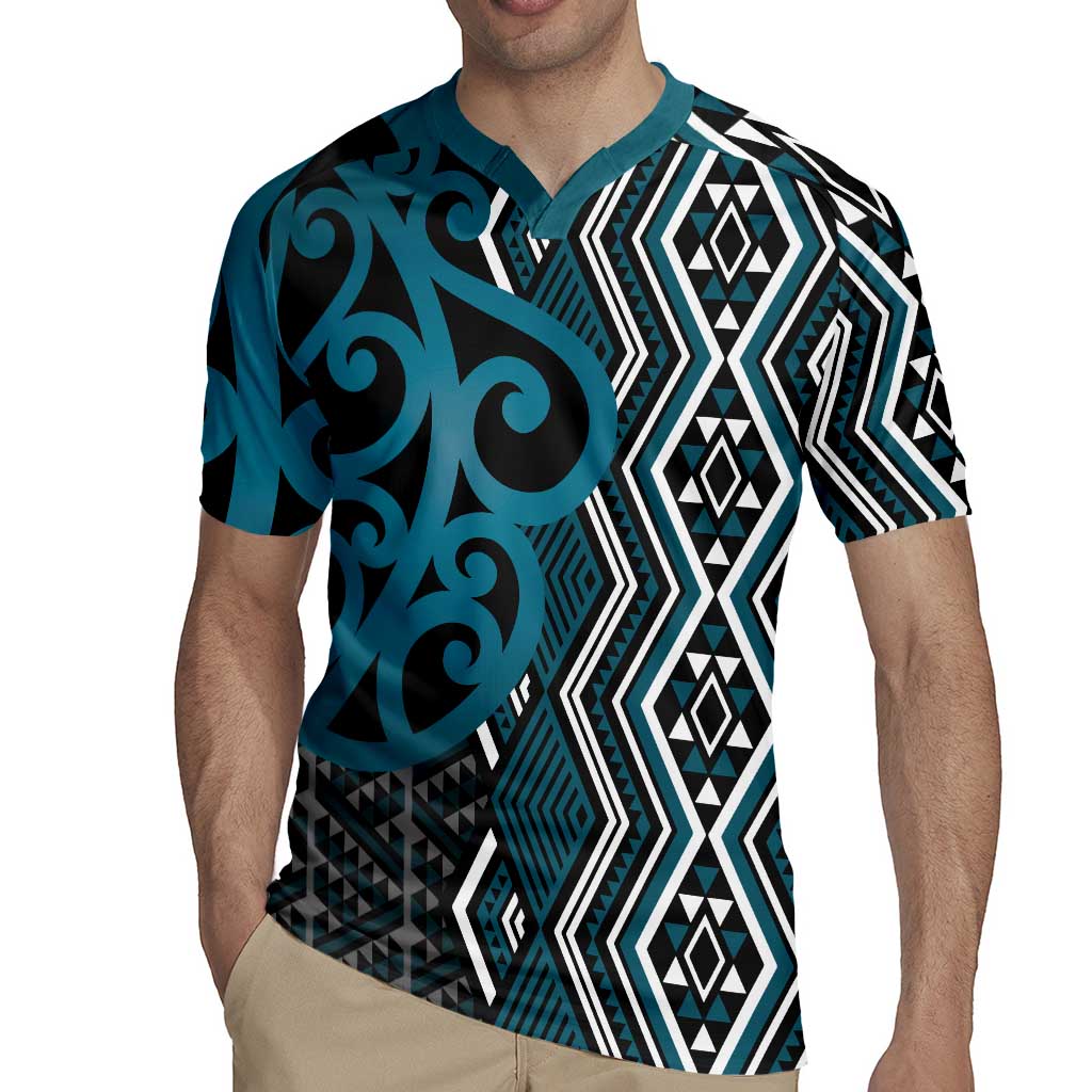 Maori Taniko Patterns Rugby Jersey Azure Patiki Motifs Mix Whakairo Ngaru