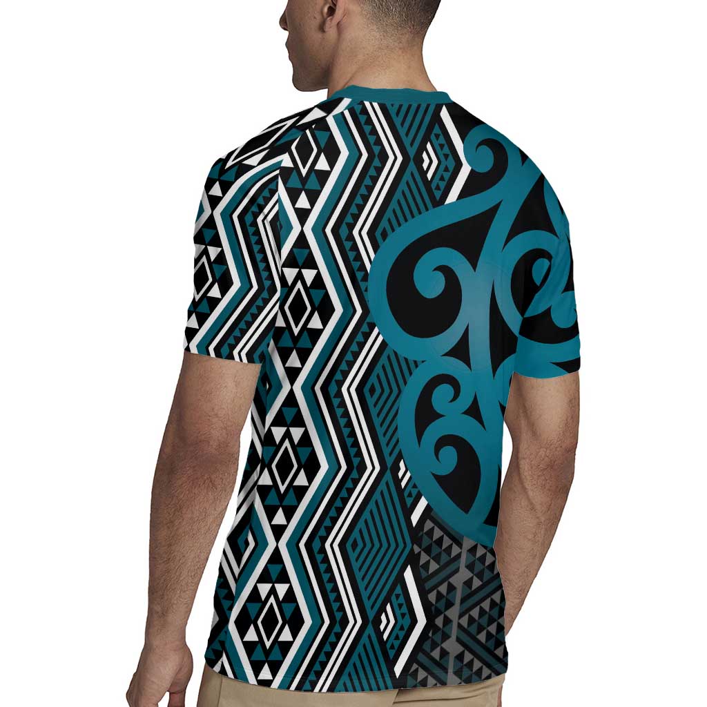 Maori Taniko Patterns Rugby Jersey Azure Patiki Motifs Mix Whakairo Ngaru