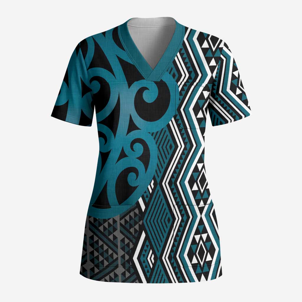 Maori Taniko Patterns Scrub Top Azure Patiki Motifs Mix Whakairo Ngaru - Polynesian Pride