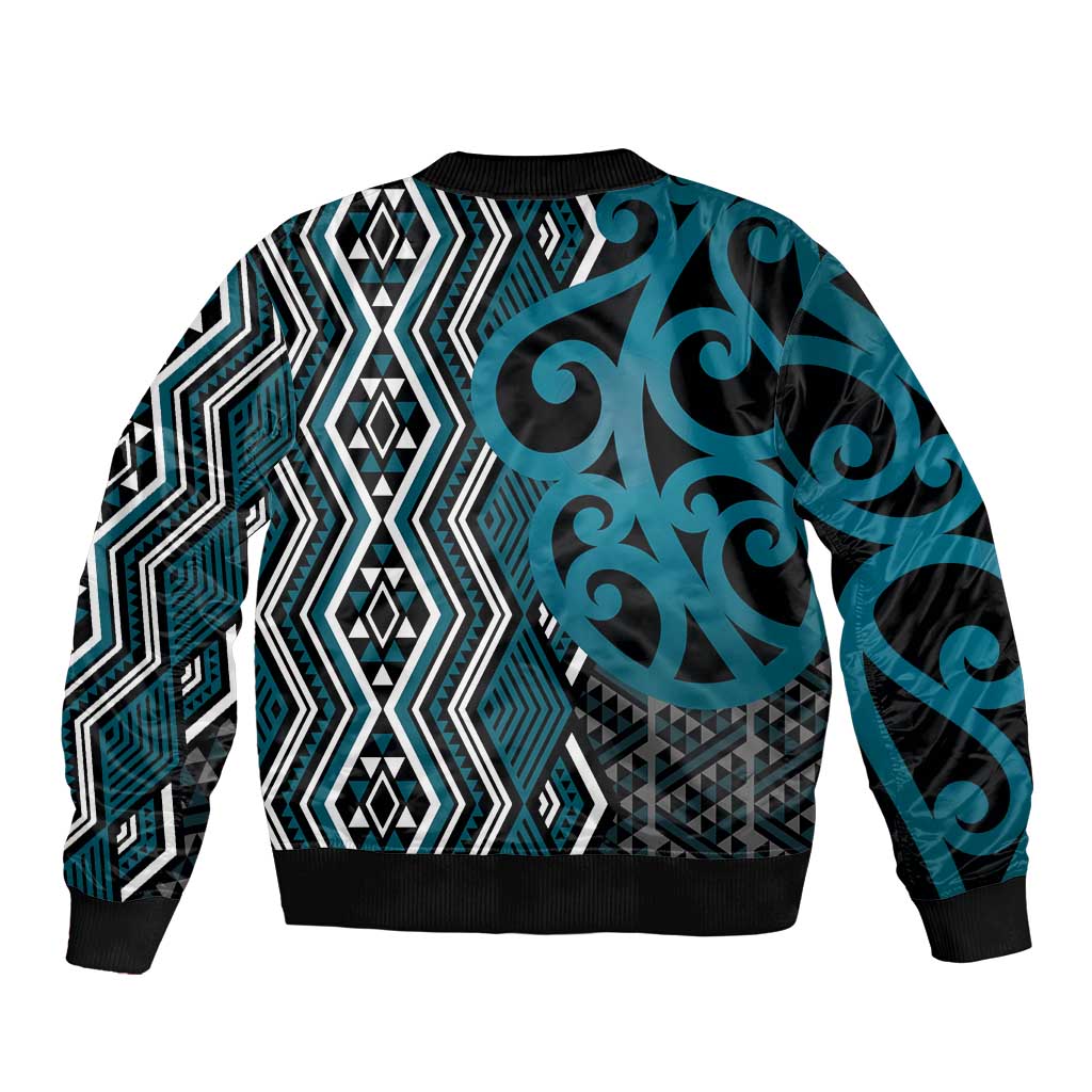 Maori Taniko Patterns Sleeve Zip Bomber Jacket Azure Patiki Motifs Mix Whakairo Ngaru LT7 - Polynesian Pride