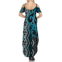Maori Taniko Patterns Summer Maxi Dress Azure Patiki Motifs Mix Whakairo Ngaru