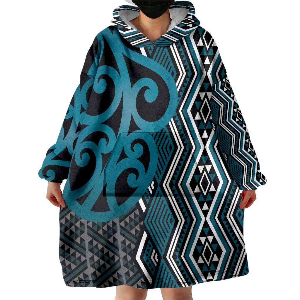 Maori Taniko Patterns Wearable Blanket Hoodie Azure Patiki Motifs Mix Whakairo Ngaru