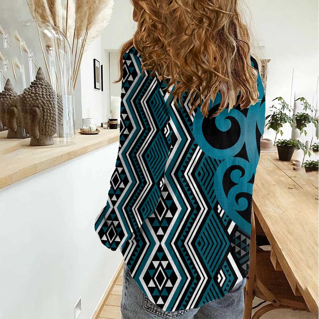 Maori Taniko Patterns Women Casual Shirt Azure Patiki Motifs Mix Whakairo Ngaru