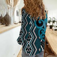 Maori Taniko Patterns Women Casual Shirt Azure Patiki Motifs Mix Whakairo Ngaru