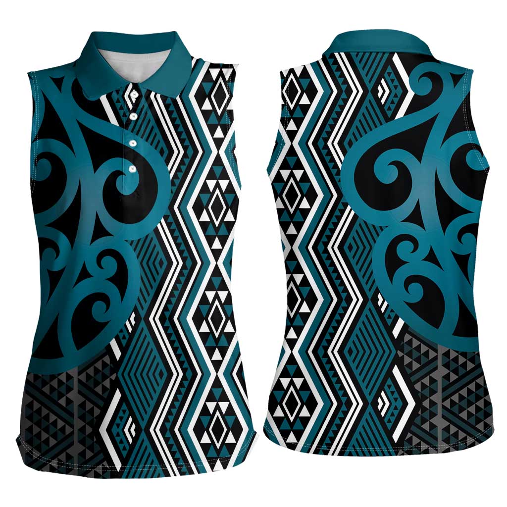 Maori Taniko Patterns Women Sleeveless Polo Shirt Azure Patiki Motifs Mix Whakairo Ngaru