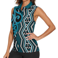 Maori Taniko Patterns Women Sleeveless Polo Shirt Azure Patiki Motifs Mix Whakairo Ngaru