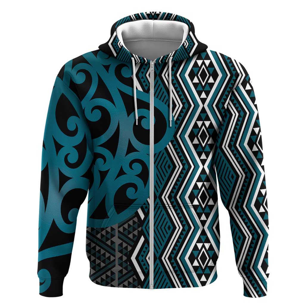 Maori Taniko Patterns Zip Hoodie Azure Patiki Motifs Mix Whakairo Ngaru LT7 Zip Hoodie Azure - Polynesian Pride