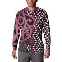 Maori Taniko Patterns Button Sweatshirt Pink Patiki Motifs Mix Whakairo Ngaru