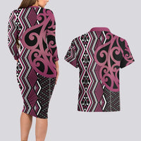Maori Taniko Patterns Couples Matching Long Sleeve Bodycon Dress and Hawaiian Shirt Pink Patiki Motifs Mix Whakairo Ngaru LT7 - Polynesian Pride