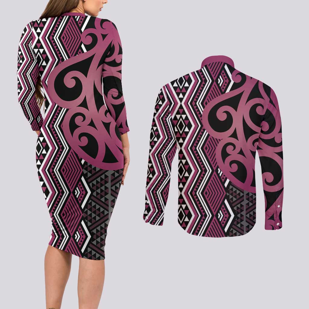 Maori Taniko Patterns Couples Matching Long Sleeve Bodycon Dress and Long Sleeve Button Shirt Pink Patiki Motifs Mix Whakairo Ngaru LT7 - Polynesian Pride