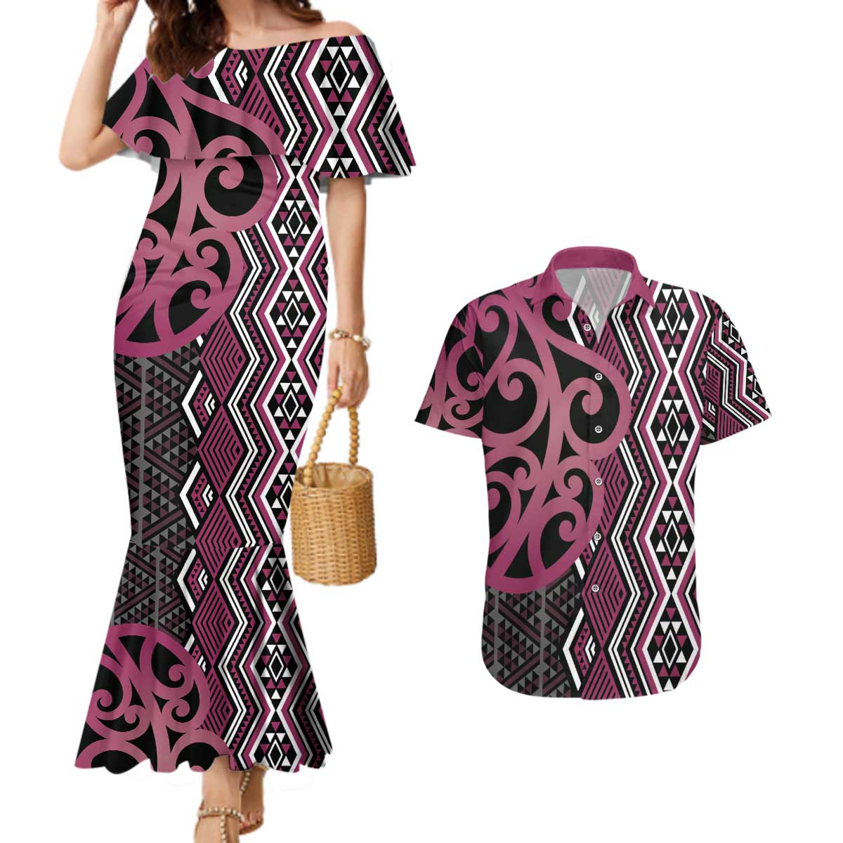 Maori Taniko Patterns Couples Matching Mermaid Dress and Hawaiian Shirt Pink Patiki Motifs Mix Whakairo Ngaru LT7 Pink - Polynesian Pride