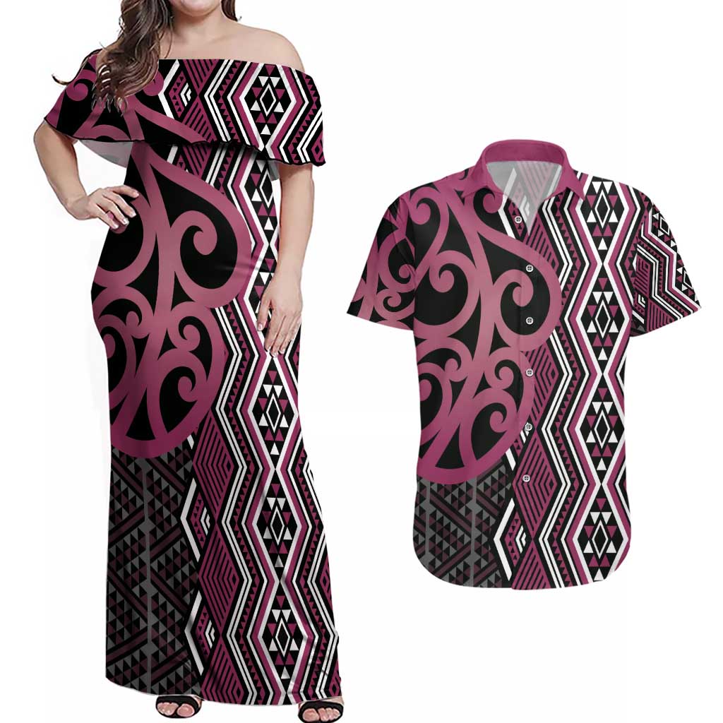 Maori Taniko Patterns Couples Matching Off Shoulder Maxi Dress and Hawaiian Shirt Pink Patiki Motifs Mix Whakairo Ngaru LT7 Pink - Polynesian Pride
