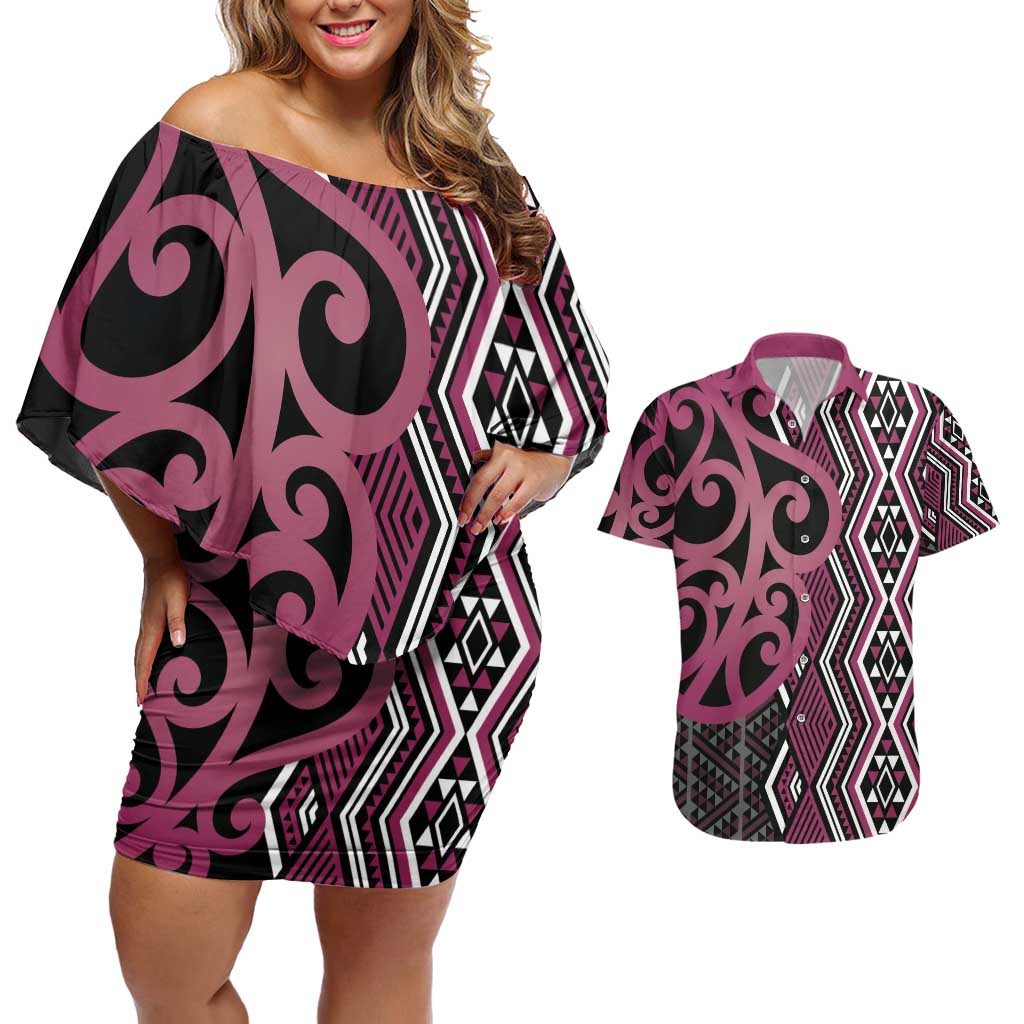 Maori Taniko Patterns Couples Matching Off Shoulder Short Dress and Hawaiian Shirt Pink Patiki Motifs Mix Whakairo Ngaru LT7 Pink - Polynesian Pride